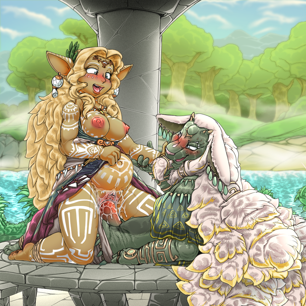 ancient_hylian anthro areola blonde_hair blue_eyes bodily_fluids bottomless bottomwear breasts brown_body brown_skin clothed clothing clothing_lift detailed_background dress dress_only duo exposed_breasts female forest fur genital_fluids grey_body grey_fur hair humanoid hylian kitsune_youkai long_hair male male/female markings nintendo nipples on_bottom on_top outdoor_sex penetration pillar pink_areola pink_nipples plant pregnant pussy_juice rauru_(tears_of_the_kingdom) reverse_cowgirl_position sex skirt skirt_lift sonia_(tloz) stole stole_only tears_of_the_kingdom the_legend_of_zelda tree vaginal vaginal_penetration white_hair zonai