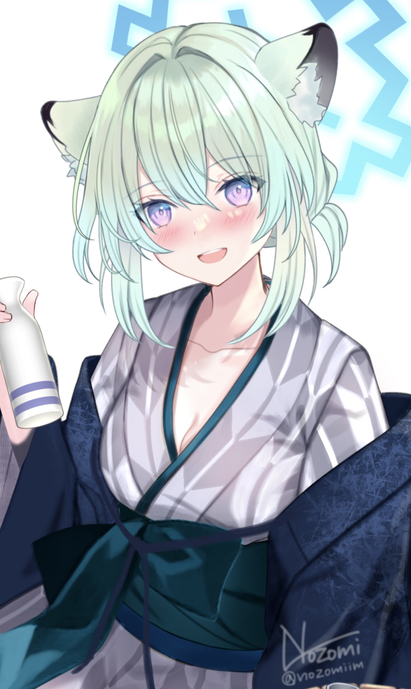 1girl animal_ears bath_yukata blue_archive blue_halo blush hair_between_eyes halo highres japanese_clothes kimono light_green_hair nozomi_fuuten obi official_alternate_costume open_mouth purple_eyes sash shigure_(blue_archive) shigure_(hot_spring)_(blue_archive) short_hair signature simple_background smile solo twitter_username unfinished weasel_ears white_background white_kimono yukata