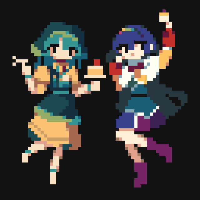 2girls 4qw5 apron black_background black_eyes blush boots cake cape collared_cape dress food fork green_apron green_hair green_headwear hair_ornament hand_on_own_face hand_up haniyasushin_keiki holding holding_cake holding_food holding_fork long_hair long_sleeves multicolored_clothes multicolored_dress multiple_girls orange_dress pixel_art puffy_short_sleeves puffy_sleeves purple_footwear rainbow_print short_sleeves simple_background sprite sprite_art tenkyuu_chimata touhou white_cape wristband zipper_dress