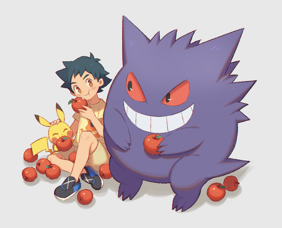 1boy :t apple ash_ketchum black_footwear black_hair brown_eyes character_print charmander closed_mouth commentary_request eating food fruit gengar grin headpat male_focus pikachu pokemon pokemon_(anime) pokemon_(creature) pokemon_journeys shirt shoes short_hair short_sleeves shorts sitting smile t-shirt teeth white_background wusagi2 yellow_shirt yellow_shorts