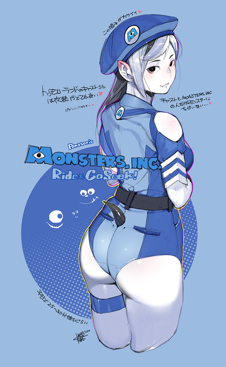 1girl ass back bare_shoulders belt black_eyes black_hair character_request fang fang_out hat highres long_hair looking_at_viewer monsters_inc. namaniku_atk personification pointy_ears smile solo tail translation_request white_hair