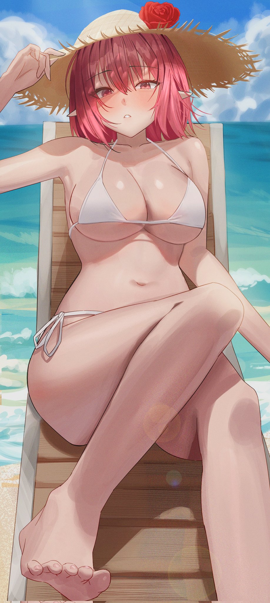 1girl bare_shoulders beach bikini breasts cleavage cloud dea feet flower hat hat_flower highres large_breasts looking_at_viewer original outdoors parted_lips pointy_ears red_eyes red_hair shore side-tie_bikini_bottom sky solo sun_hat swimsuit thighs