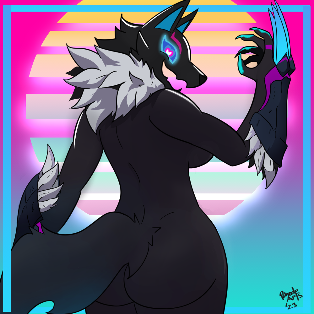 &lt;3 &lt;3_eyes anthro big_butt butt canid canine canis claws clothing epic_games female fortnite glowing glowing_eyes highwire late mammal neon pack_leader_highwire rhode_arts rubber rubber_clothing rubber_suit solo tail thick_thighs vaporwave weapon wolf