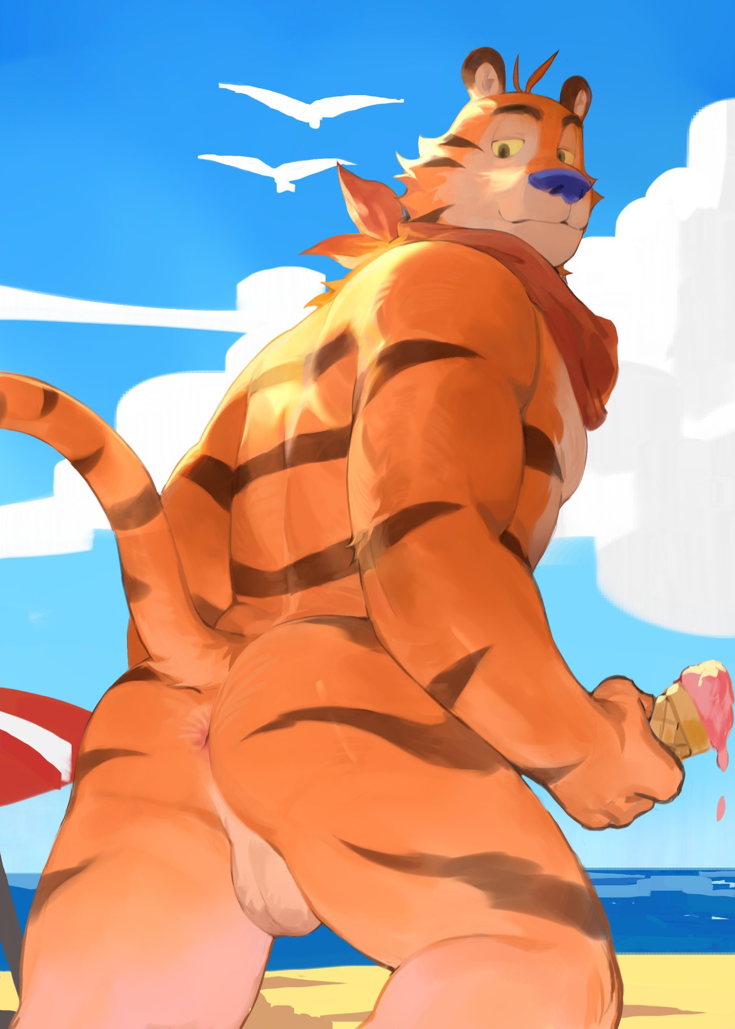 2023 anthro anus balls butt dessert felid food frosted_flakes fur genitals hi_res holding_food holding_ice_cream holding_object ice_cream kellogg's looking_at_viewer looking_back male mammal mascot nude pantherine rear_view sand sea sky solo striped_body striped_fur stripes summer tail tiger tony_the_tiger water yuuko891