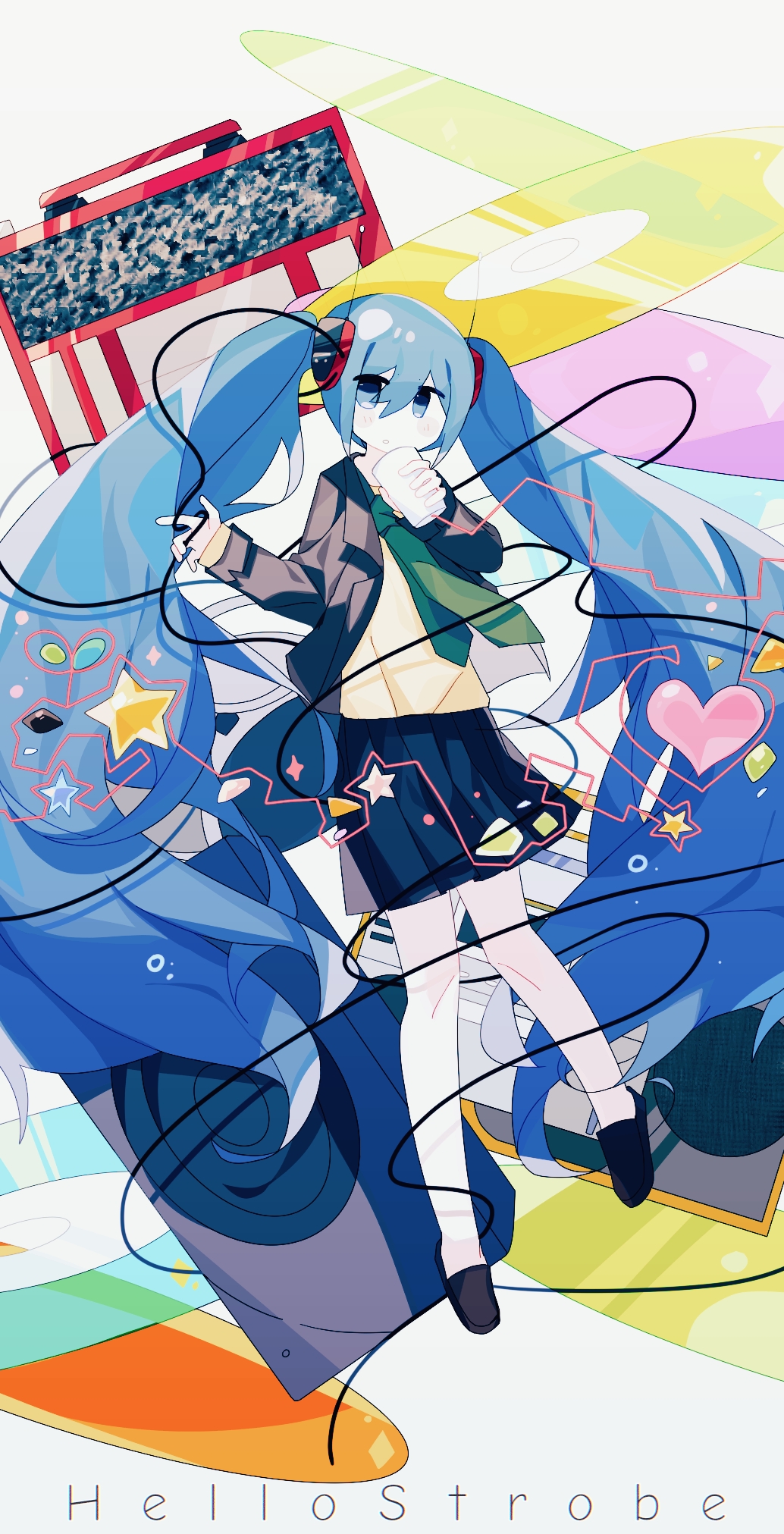 1girl antennae aqua_eyes aqua_hair black_footwear black_jacket black_skirt blazer blue_eyes blue_hair cable clutter disc entangled floating green_necktie hatsune_miku heart hello_strobe_(vocaloid) highres jacket kikatakuji loafers long_hair looking_at_viewer necktie open_clothes open_jacket open_mouth radio school_uniform shirt shirt_tucked_in shoes skirt solo song_name speaker star_(symbol) string_phone twintails very_long_hair vocaloid white_shirt