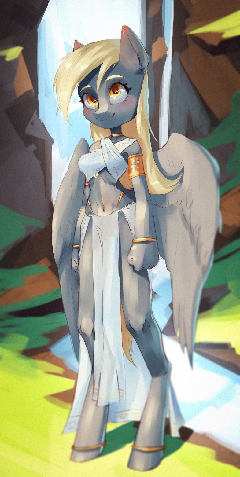 anklet anthro blonde_hair blush bracelet breasts choker clothing derp_eyes derpy_hooves_(mlp) digital_media_(artwork) equid equine eyebrows eyelashes feathered_wings feathers female fist friendship_is_magic gold_(metal) grey_body grey_feathers hair haku_nichiya hasbro hi_res hooves jewelry mammal my_little_pony navel necklace pegasus roman smile unguligrade water waterfall wings yellow_eyes