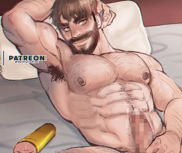 1boy abs arm_hair armpit_hair armpits bara beard censored chest_hair completely_nude erection facial_hair hairy large_pectorals looking_at_viewer magnum_opus_(mewniverse) male_focus male_masturbation masturbation mature_male mewniverse mosaic_censoring multicolored_hair muscular muscular_male mustache navel navel_hair nipples nude on_bed paid_reward_available pectorals presenting_armpit sam_(mewniverse) seductive_smile short_hair sideburns smile solo tenga thick_eyebrows two-tone_hair