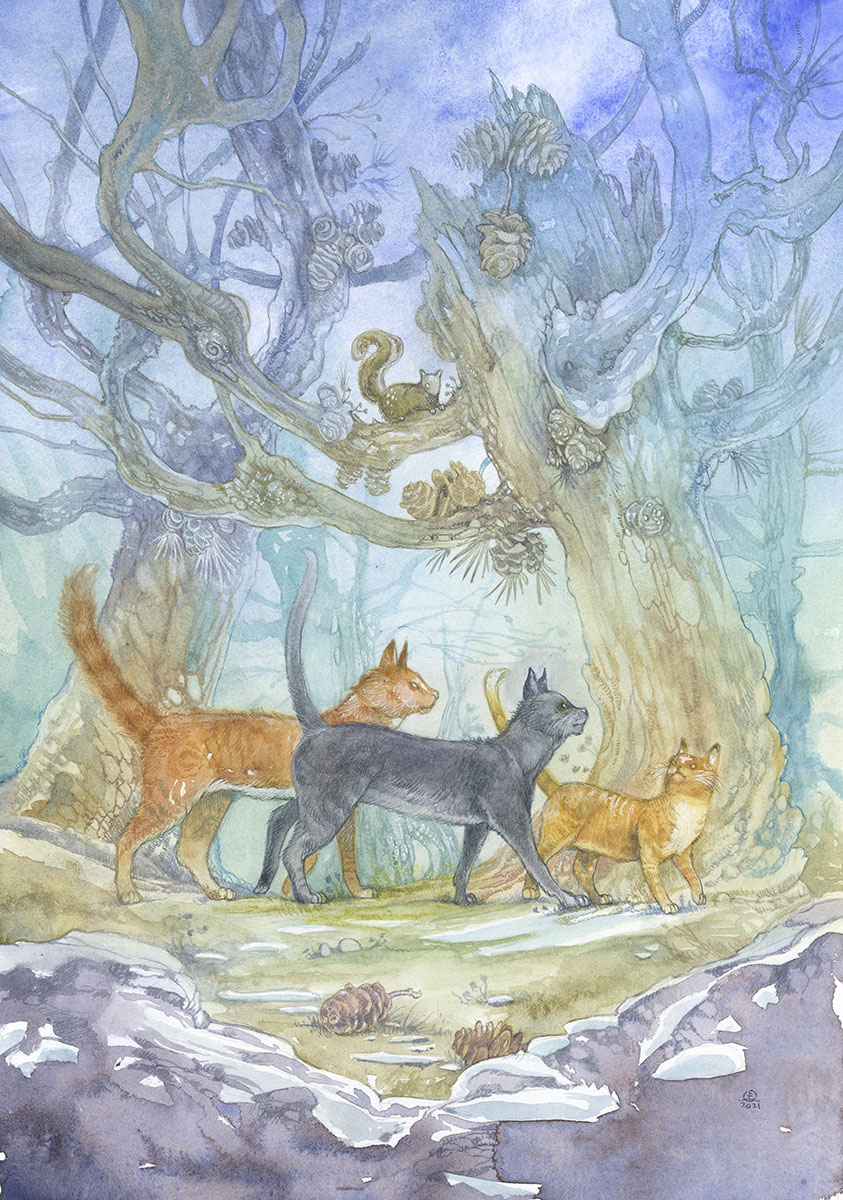 2020 ambiguous_gender brown_body brown_fur detailed_background domestic_cat felid feline felis feral fritti_tailchaser fur grey_body grey_fur group hi_res in_tree mammal official_art orange_body orange_fur painting_(artwork) pinecone plant prince_fencewalker raised_tail rodent sciurid size_difference snow stephanie_law tail tailchaser's_song thane_quiverclaw traditional_media_(artwork) tree tree_squirrel trio_focus walking watercolor_(artwork) winter