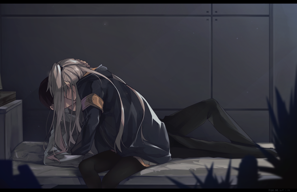 1boy 1girl 404_logo_(girls'_frontline) armband black_pantyhose brown_hair commentary_request girls'_frontline hand_on_another's_head hetero hood hooded_jacket implied_kiss jacket letterboxed long_hair lying on_bed one_side_up pants pantyhose short_hair sitting tsuki_tokage ump45_(girls'_frontline) yellow_armband