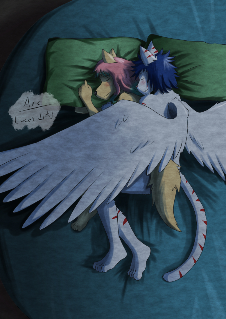 anthro arc_rose bed bedroom canid canine canis domestic_cat domestic_dog duo embrace felid feline felis female furniture hug husky hybrid lying lying_on_bed male male/female mammal natascha_(arcrose) nordic_sled_dog on_bed pillow romantic romantic_couple sleeping smile spitz spooning wings zephyr_(arcrose)