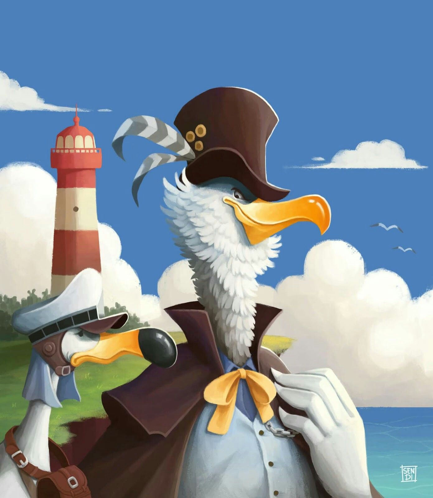 1boy animal bag bird black_cape black_headwear blue_shirt bow cape cloud cloudy_sky day from_side hat hat_feather highres lighthouse morgans_(one_piece) one_piece outdoors realistic seagull sen-di shirt signature sky top_hat yellow_bow