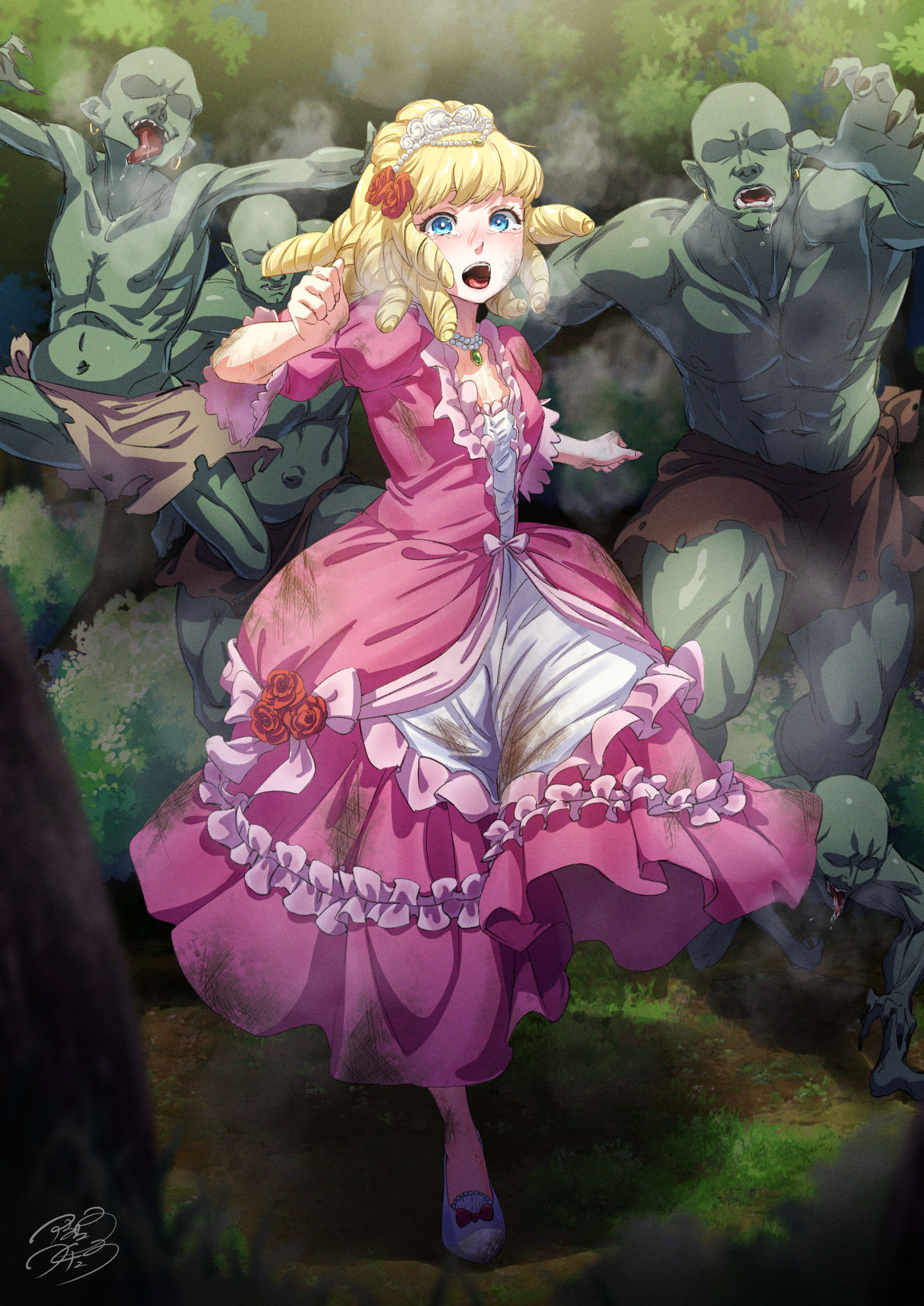 1girl ajula_wachula bangs blonde_hair blue_eyes chasing cinderella commission dirty dirty_clothes dress drill_hair earrings fleeing flower forest goblin hair_flower hair_ornament highres imminent_rape jewelry medium_hair multiple_boys muscular muscular_male nature open_mouth orc pink_dress princess princess_dress running scared skeb_commission tears tiara