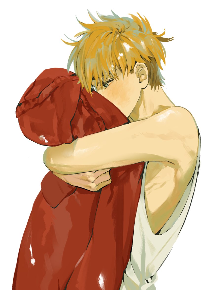 1boy aged_down bare_shoulders blue_eyes blush brown_hair coat coat_removed eva_7474 from_side holding holding_clothes looking_down male_focus mole mole_under_eye object_hug profile red_coat short_hair simple_background sleeveless solo tank_top trigun trigun_stampede undercut upper_body vash_the_stampede white_background