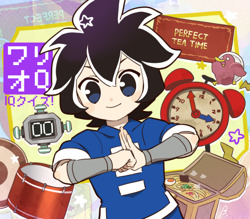 1boy alarm_clock bebe_0620 bird black_eyes black_hair blue_pants blue_shirt clock closed_mouth dot_nose egg food gong hair_between_eyes male_focus noodles pants shirt short_hair short_sleeves smile snare_drum solo stopwatch translation_request treasure_chest upper_body warioware young_cricket