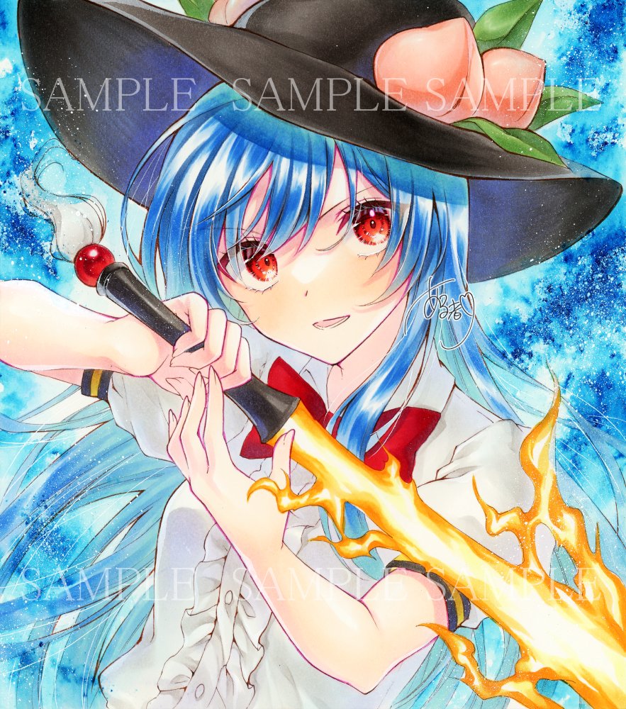 1girl alto2019 black_headwear blue_hair blue_shirt bow bowtie collared_shirt hat hinanawi_tenshi holding holding_sword holding_weapon leaf_hat_ornament long_hair marker_(medium) peach_hat_ornament puffy_short_sleeves puffy_sleeves red_bow red_bowtie red_eyes sample_watermark shirt short_sleeves solo sword sword_of_hisou touhou traditional_media watermark weapon