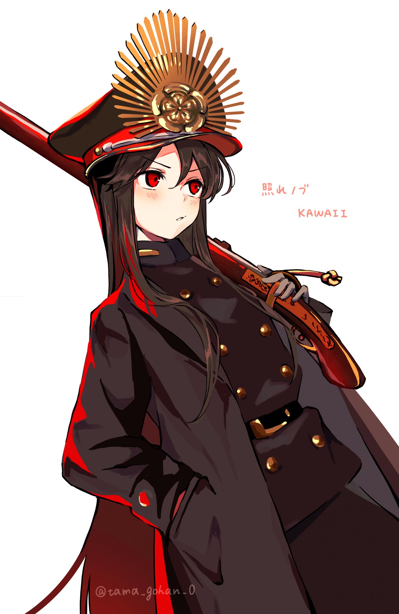 1girl antique_firearm arquebus blush family_crest fate/grand_order fate_(series) gloves gun hair_between_eyes hat hi_(wshw5728) highres holding holding_gun holding_weapon military_hat military_uniform oda_nobunaga_(fate) oda_uri parted_lips peaked_cap red_eyes simple_background solo twitter_username uniform weapon white_background