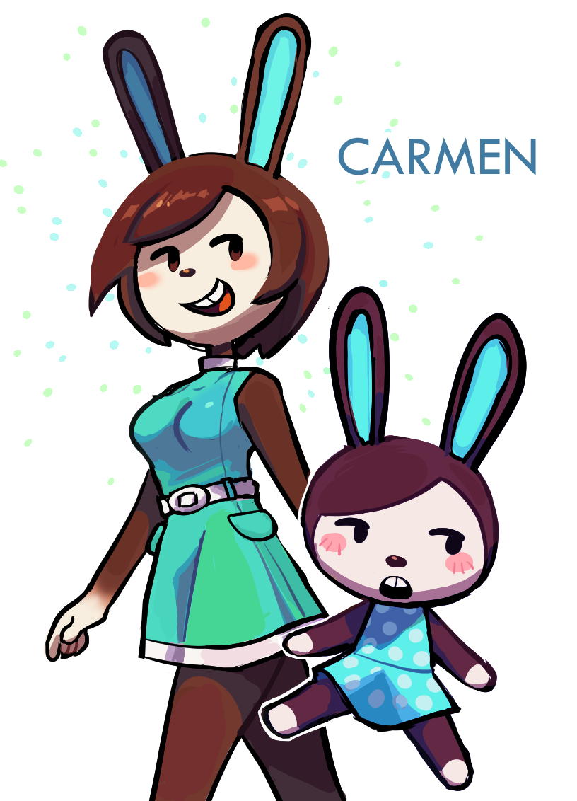 animal_crossing anthro belt blue_clothing blue_dress blue_ears blush brown_body brown_fur carmen_(animal_crossing) chibi clothed clothing colored dot_eyes dotted_background dress female fully_clothed fur green_clothing green_dress hair half-closed_eyes kint lagomorph leporid low-angle_view mammal narrowed_eyes nintendo open_mouth pattern_background polka_dots rabbit simple_background smile solo teeth