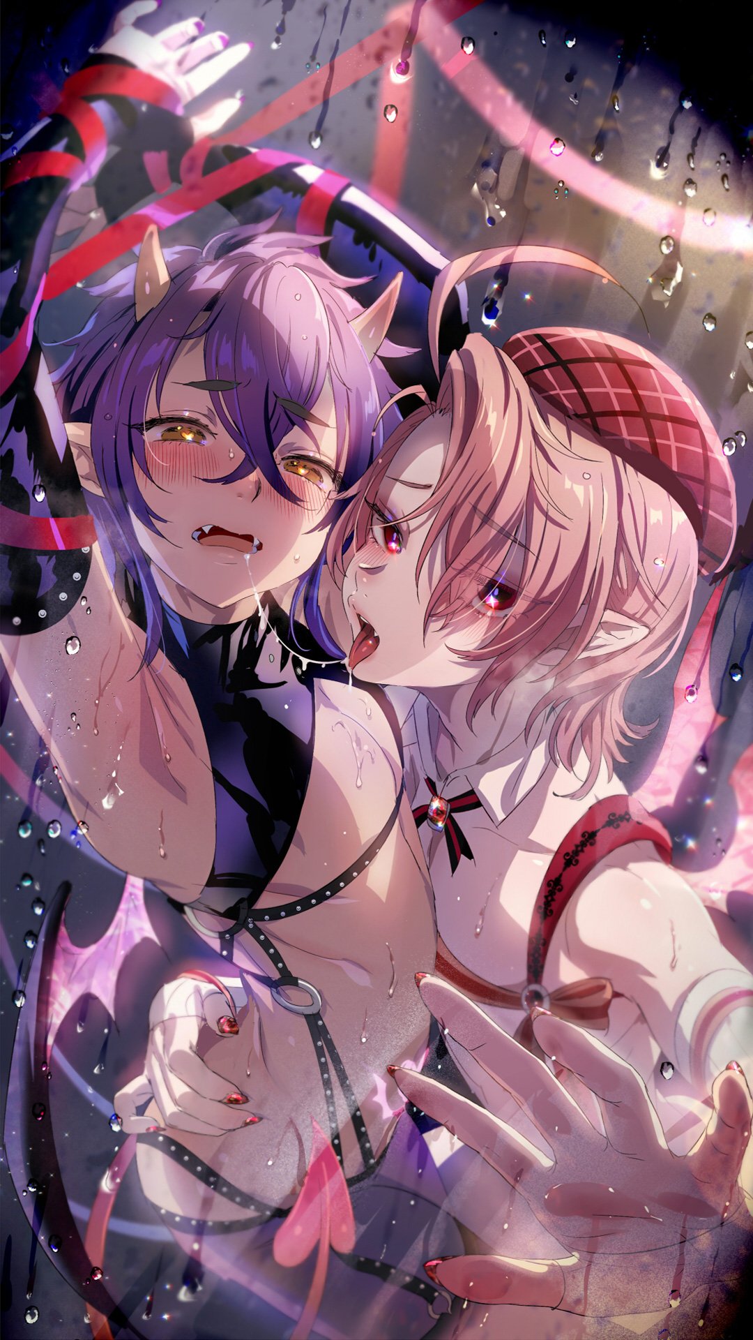 2_horns aster_(nu:_carnival) beret bodily_fluids clothed clothing demon demon_humanoid duo embrace fangs hat headgear headwear hi_res horn humanoid humanoid_pointy_ears ikezakimisa looking_at_viewer male male/male morvay_(nu:_carnival) not_furry nu:_carnival saliva saliva_on_tongue saliva_string spade_tail sweat tail teeth tongue tongue_out vampire