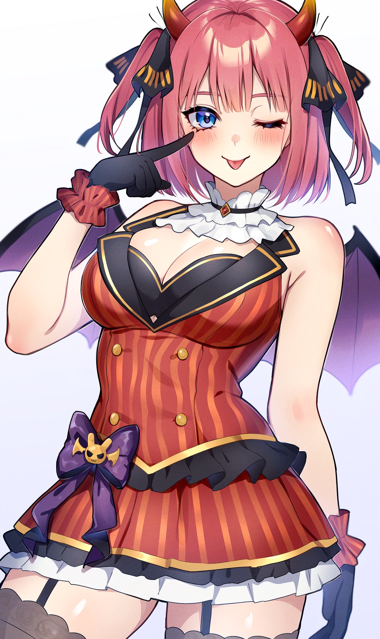 ;p alternate_costume arm_at_side armpit_crease bare_arms black_gloves black_ribbon black_thighhighs blue_eyes blunt_bangs blush bow breasts butterfly_hair_ornament center-flap_bangs cleavage closed_mouth collar commentary_request cowboy_shot curvy demon_horns demon_wings detached_collar dress eyelashes fake_horns fake_wings frilled_collar frilled_dress frilled_gloves frills garter_straps gloves go-toubun_no_hanayome hair_ornament hair_ribbon halloween_costume hand_up highres horns index_finger_raised kurosaki_coco large_breasts looking_at_viewer medium_hair nakano_nino one_eye_closed purple_bow red_dress red_hair ribbon shiny_skin short_dress simple_background smile standing strapless strapless_dress striped striped_dress thighhighs tongue tongue_out tsurime two_side_up vertical-striped_dress vertical_stripes white_background white_collar wings