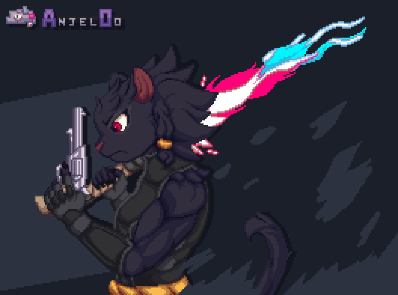 anjel0o anthro black_body black_fur clairen_(rivals_of_aether) clothed clothing energy_sword felid female fur gun handgun laser_sword mammal melee_weapon muscular muscular_female pantherine ranged_weapon revolver rivals_of_aether solo sword weapon