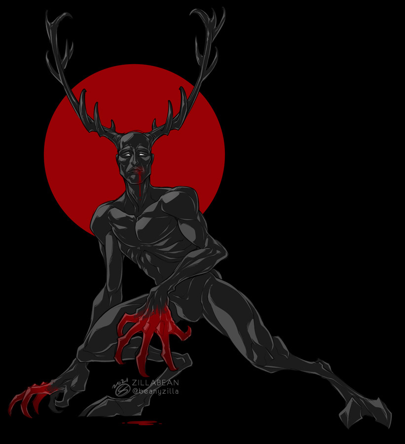 american_mythology animal_humanoid antlers big_hands black_body black_skin blood blood_in_mouth blood_on_hand bodily_fluids clawed_fingers cloven_hooves deer deer_humanoid digitigrade geometric_background hannibal_(series) hannibal_lecter hooves horn humanoid indigenous_north_american_mythology male mammal mammal_humanoid muscular muscular_male mythology north_american_mythology not_furry nude null_bulge simple_background solo wendigo zillabean