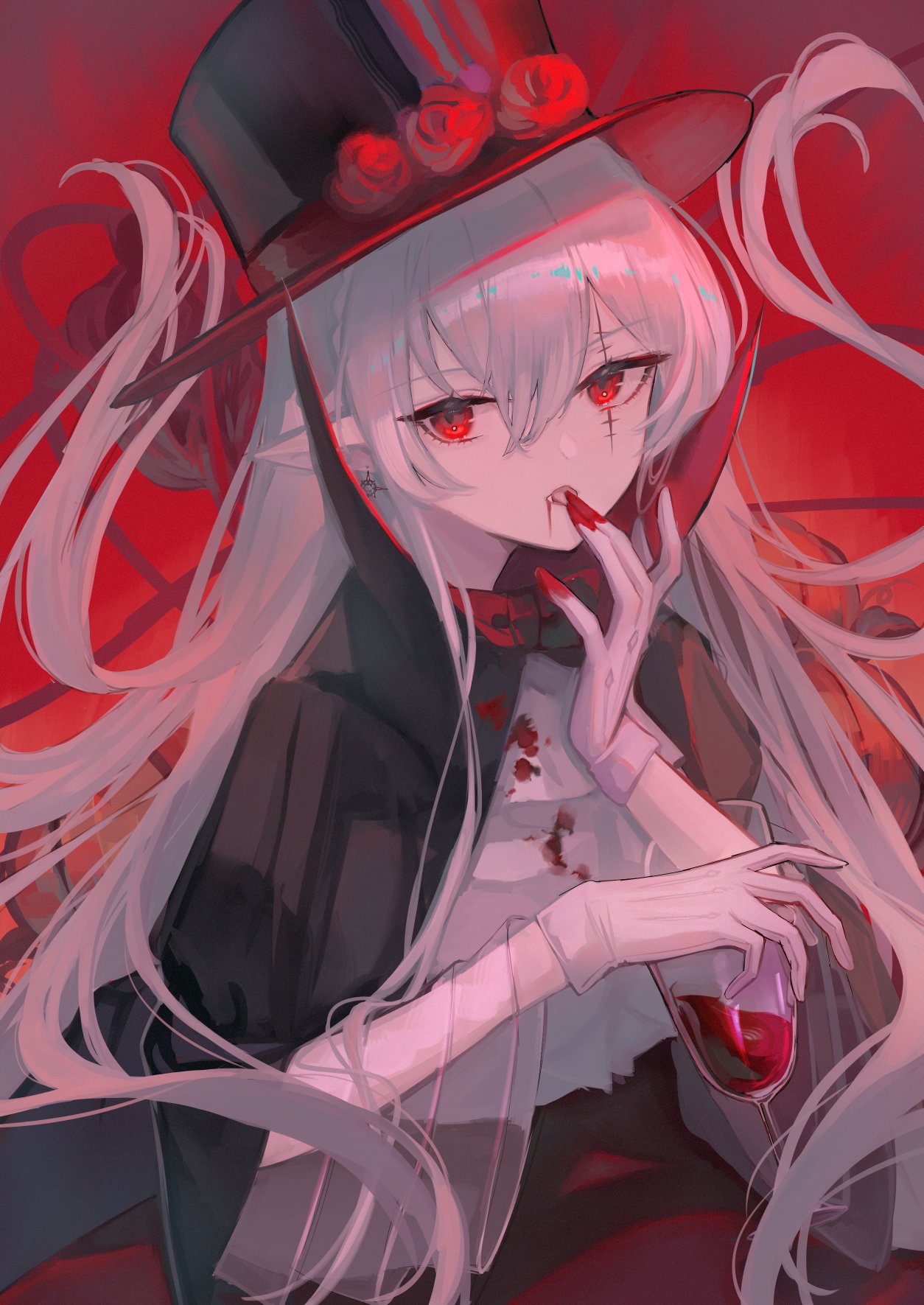 1girl arknights black_headwear blood blood_on_clothes blood_on_hands colored_skin cup drinking_glass hat hemorina highres holding holding_cup licking licking_finger long_hair looking_at_viewer official_alternate_costume pointy_ears red_eyes scar scar_across_eye shirt solo top_hat warfarin_(arknights) warfarin_(the_feast)_(arknights) white_background white_hair white_skin wine_glass