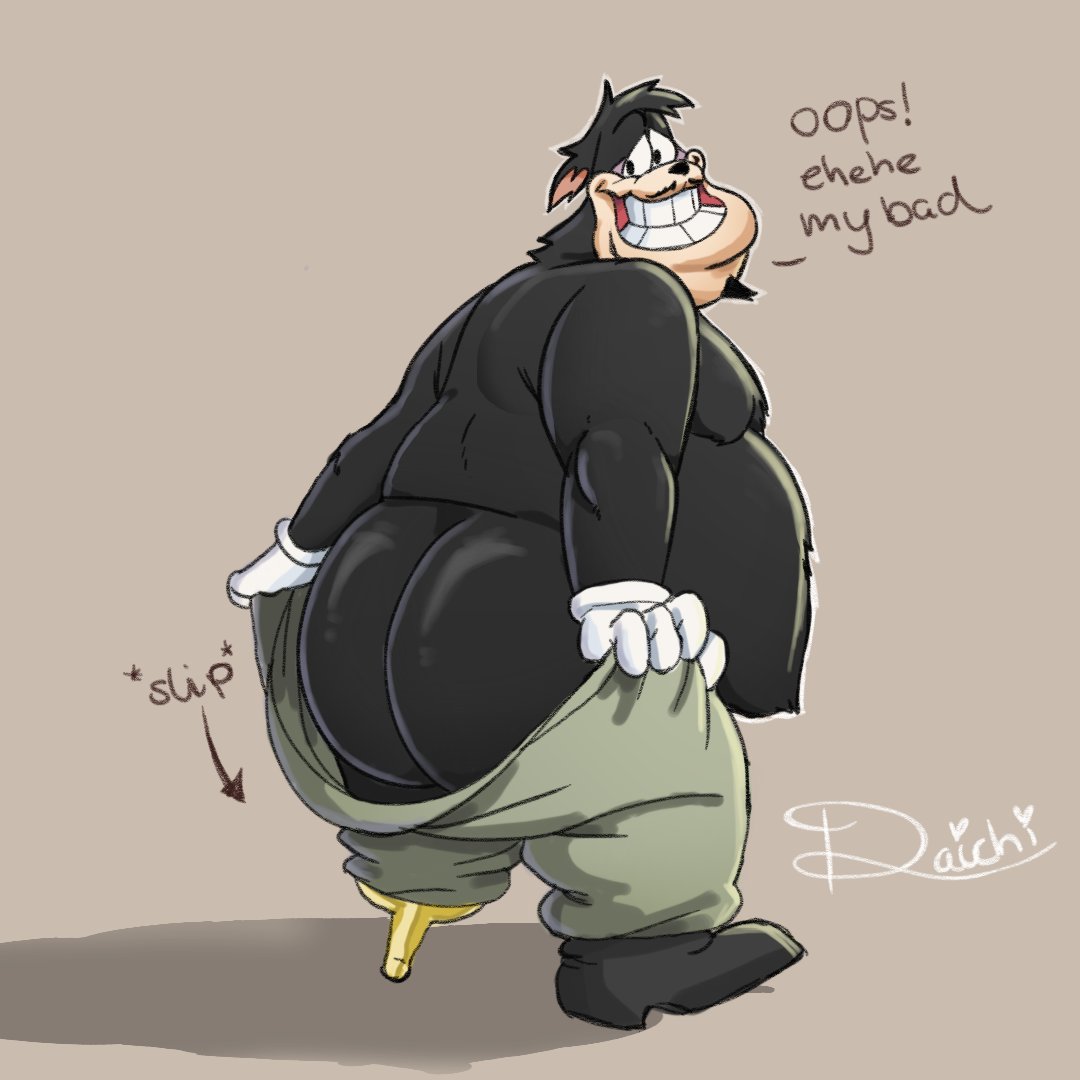 1:1 2023 accidental_exposure anthro belly big_butt black_body black_fur bottomwear bottomwear_down butt clothed clothing daichi_akimichi dialogue disney domestic_cat embarrassed english_text felid feline felis fur goof_troop male mammal overweight overweight_anthro overweight_male pants pants_down partially_clothed pegleg pete_(disney) peter_pete_sr. simple_background smile solo text wardrobe_malfunction