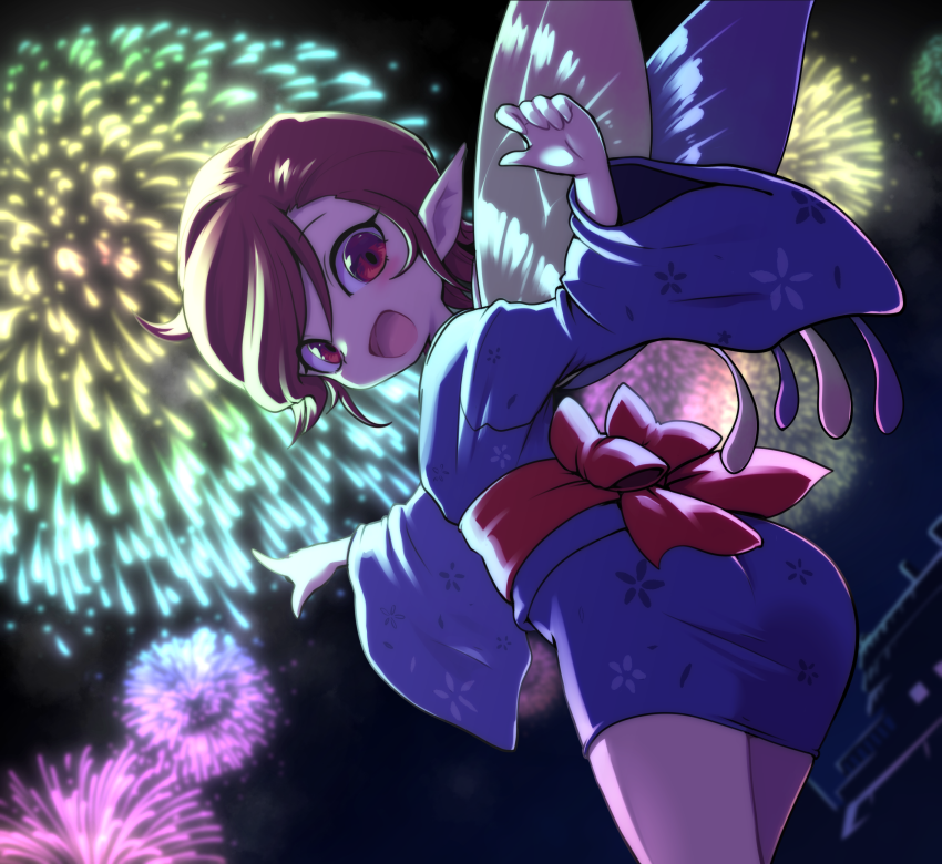 1girl blue_kimono blush brown_hair eyelashes fireworks japanese_clothes kimono night no_nose nollety open_mouth outdoors pixie_(megami_tensei) pointing pointy_ears red_eyes shin_megami_tensei solo summer_festival wide_sleeves wings