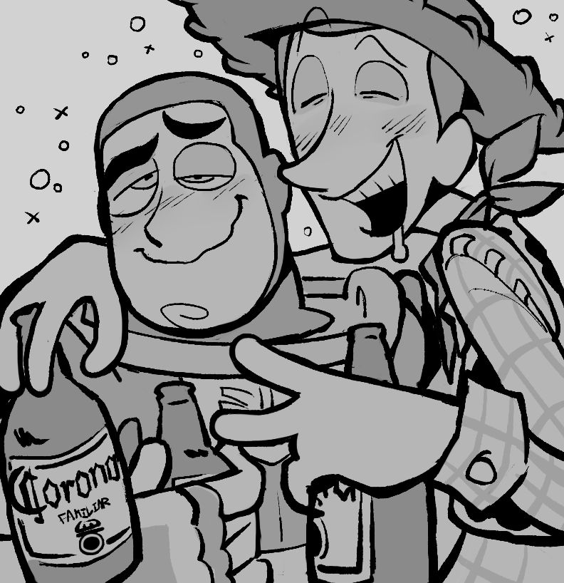 2boys alcohol astronaut beer blush bottle buzz_lightyear corona_(brand) cowboy cowboy_hat draculoid drooling drunk hat holding holding_bottle male_focus monochrome multiple_boys sheriff_woody spacesuit toy_story