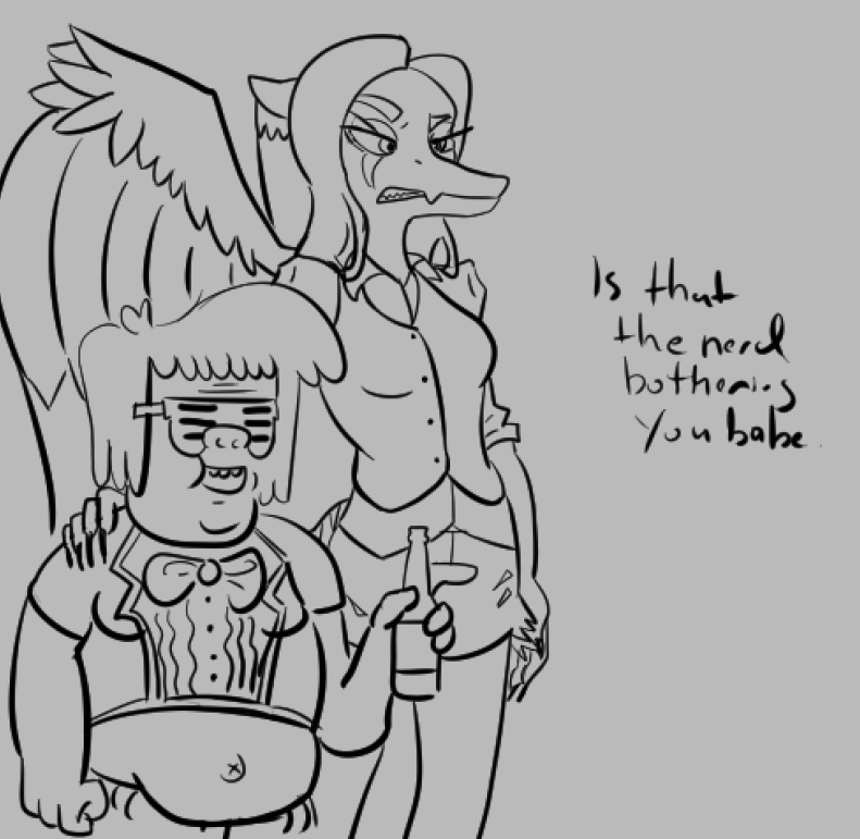alternate_costume anthro beverage cartoon_network chubby_male clothed clothing crossover dialogue duo english_text eyewear fang_(gvh) feathered_wings feathers female glasses goodbye_volcano_high hair human humor long_hair long_snout male mammal monochrome muscle_man_(regular_show) regular_show size_difference slightly_chubby snoot_game_(fan_game) snout stillzero text wings