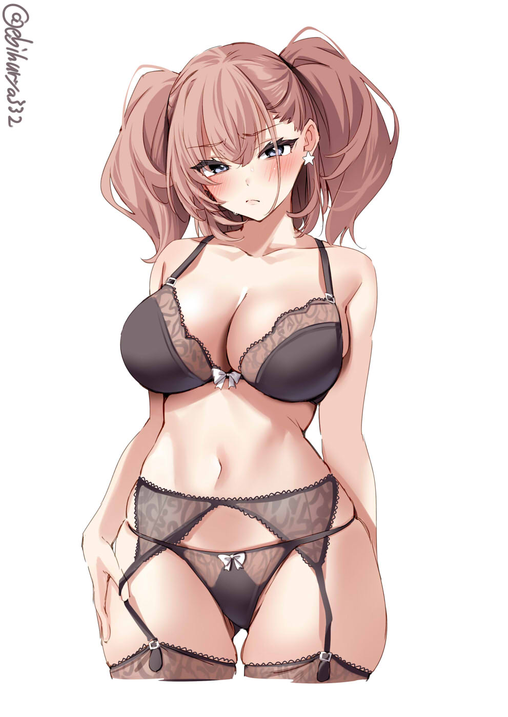 1girl ass_visible_through_thighs atlanta_(kancolle) bare_shoulders black_bra black_panties black_thighhighs blush bra breasts closed_mouth collarbone commentary_request cowboy_shot cropped_legs earrings ebifurya furrowed_brow garter_belt highres jewelry kantai_collection large_breasts light_frown long_hair navel one-hour_drawing_challenge panties pink_hair simple_background skindentation solo star_(symbol) star_earrings sweat thighhighs thighs twintails twitter_username underwear underwear_only white_background
