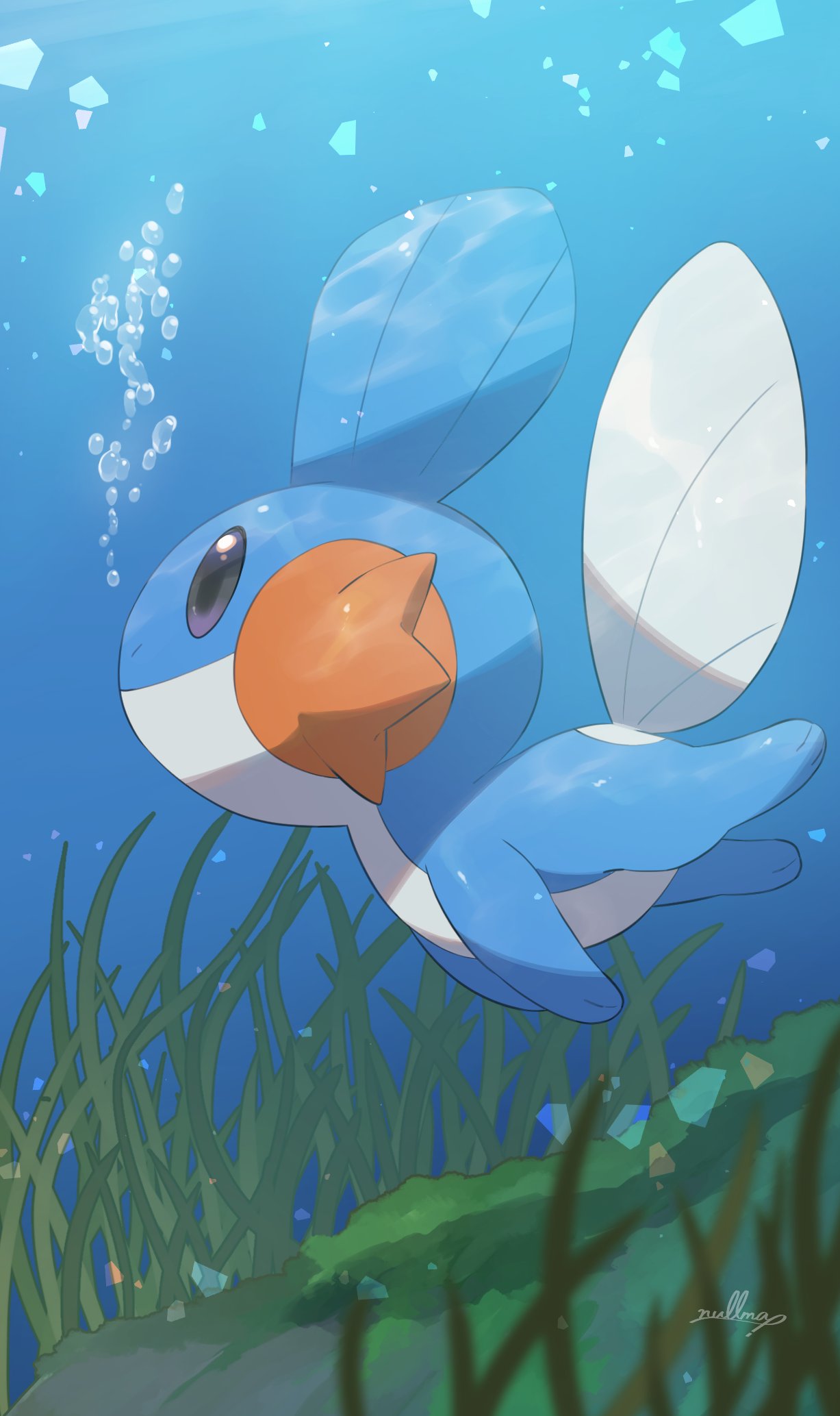 2023 air_bubble ambiguous_gender belly black_eyes blue_body blue_fin blue_paws cheek_gills colored day digital_media_(artwork) digital_painting_(artwork) feral fin generation_3_pokemon gills head_fin hi_res mudkip nintendo nullma orange_gills outside pokemon pokemon_(species) quadruped shadow signature solo swimming tail tail_fin underwater water white_belly white_tail