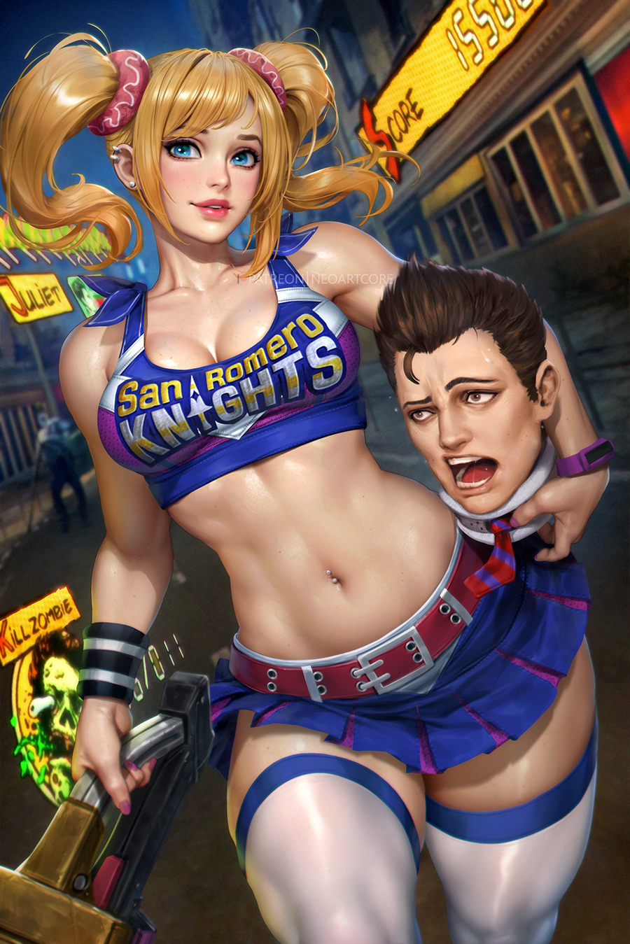 1boy 1girl belt blonde_hair blue_eyes blue_skirt breasts brown_eyes brown_hair building cheerleader clothes_writing collarbone crop_top english_commentary hair_ornament hair_scrunchie highres holding holding_another's_head juliet_starling lollipop_chainsaw mixed-language_commentary navel navel_piercing neoartcore nick_carlyle open_mouth patreon_username piercing pink_belt pink_scrunchie score scrunchie severed_head skirt thai_commentary thighhighs toned twintails white_thighhighs