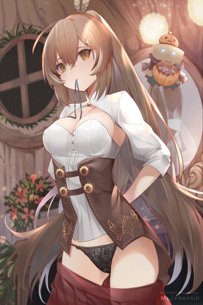 1girl ahoge arms_behind_back artist_name ass_visible_through_thighs backlighting black_panties blush breasts brown_eyes brown_hair cleavage clothes_pull corset cowboy_shot floating friend_(nanashi_mumei) hair_between_eyes hair_ornament hairclip halloween halloween_bucket high_ponytail hololive hololive_english indoors lace lace_panties long_hair long_sleeves looking_at_viewer medium_breasts mirror mouth_hold mujinbensin nanashi_mumei panties ponytail pumpkin red_skirt reflection revision shrug_(clothing) skirt skirt_pull smile solo_focus strapless underbust underwear very_long_hair virtual_youtuber window