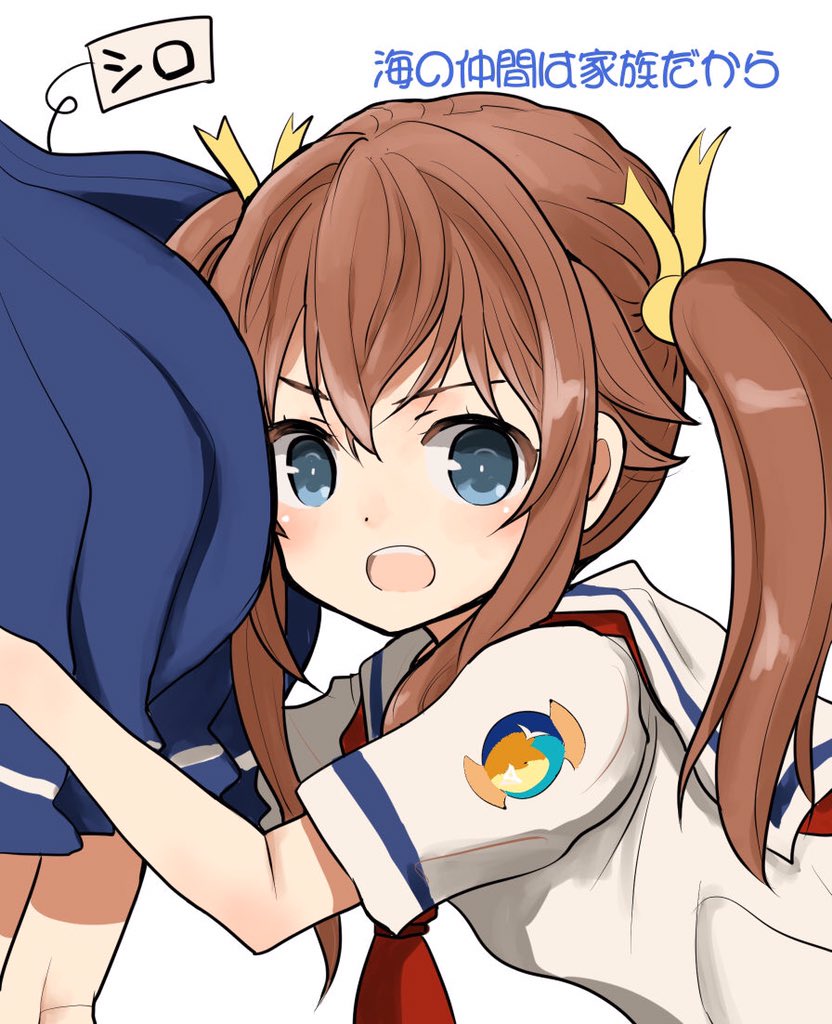 2girls blue_eyes brown_hair hair_ribbon high_school_fleet hug long_hair looking_at_viewer misaki_akeno multiple_girls munetani_mashiro murayama_kei neckerchief open_mouth ribbon sailor_collar school_uniform serafuku skirt translation_request twintails yokosuka_girls_marine_high_school_uniform