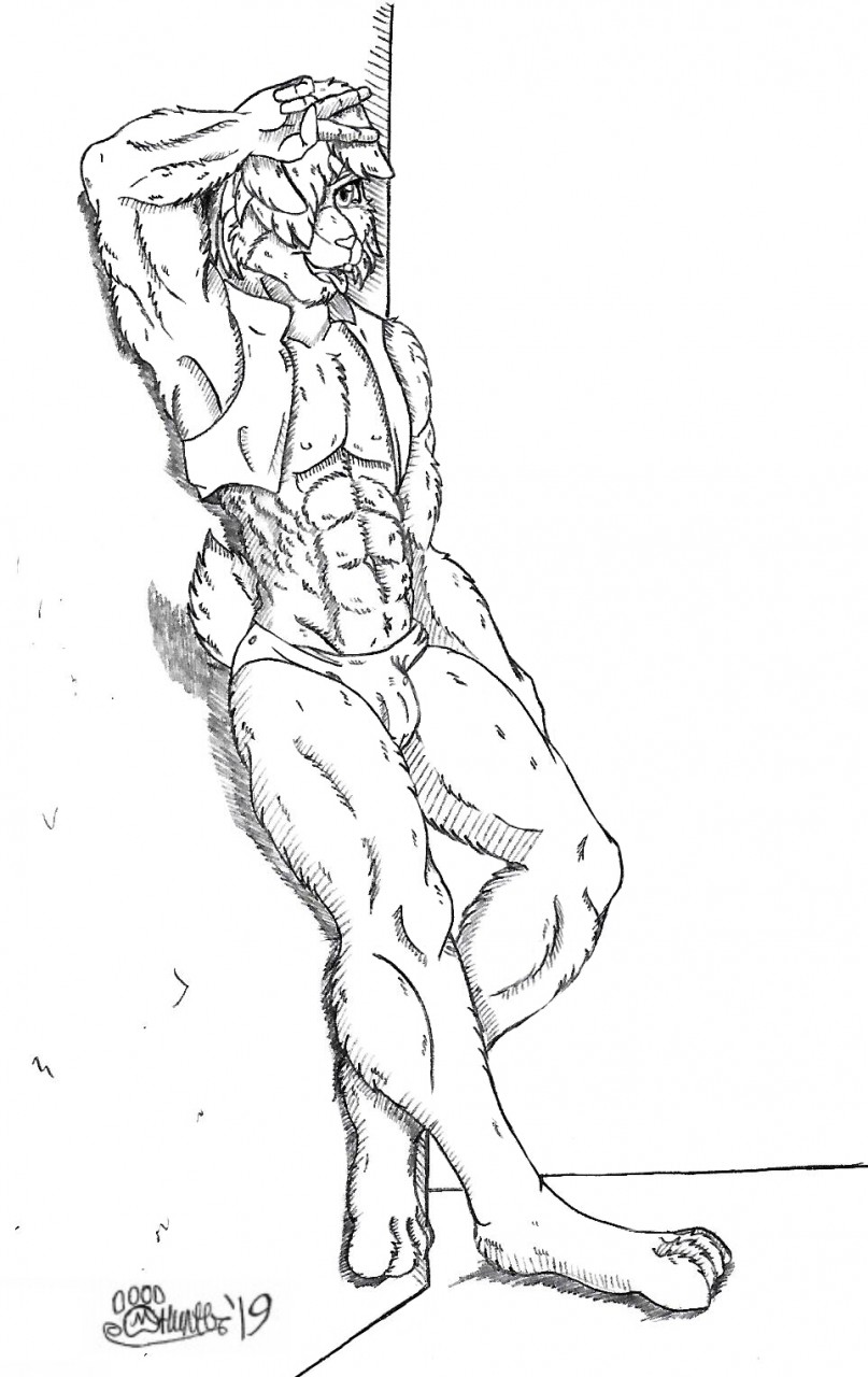 2019 abs anthro bulge clothing fan_character fur gesture hi_res lagomorph leaning leaning_back leaning_on_wall leporid looking_at_viewer male mammal marcushunter muscular muscular_anthro muscular_male navel nipples one_eye_obstructed open_mouth paws rabbit signature solo speedo standing swimwear tongue tongue_out topwear v_sign vest