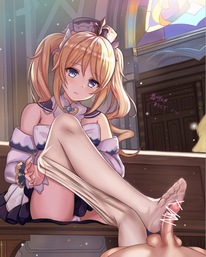1boy 1girl bar_censor barbara_(genshin_impact) bare_shoulders bench blue_eyes blush bow bowtie censored church clothes_pull detached_collar door dress feet footjob genshin_impact hair_ornament hat looking_at_viewer nail_polish no_shoes panties pantyhose pantyhose_pull pantyshot sitting soles suangyue_qiuhua toes twintails underwear white_panties white_pantyhose