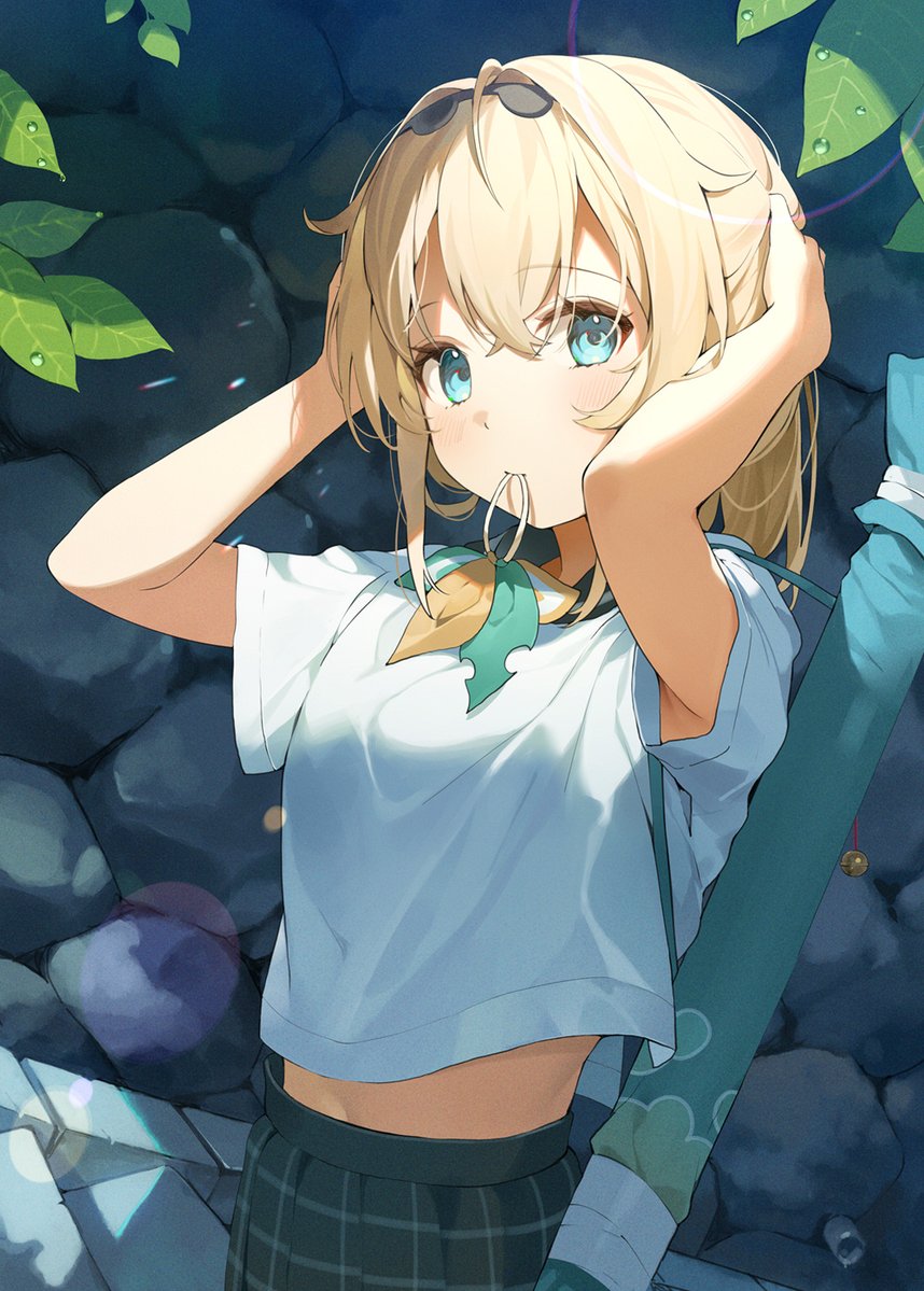 1girl alternate_costume arms_up black_skirt blonde_hair blue_eyes blush closed_mouth commentary cowboy_shot day hair_tie_in_mouth hana_mori hands_in_hair hands_on_own_head hands_up hololive kazama_iroha leaf lens_flare long_hair looking_at_viewer midriff mouth_hold outdoors plaid plaid_skirt pleated_skirt shirt short_sleeves skirt solo stone_wall virtual_youtuber wall water_drop white_shirt