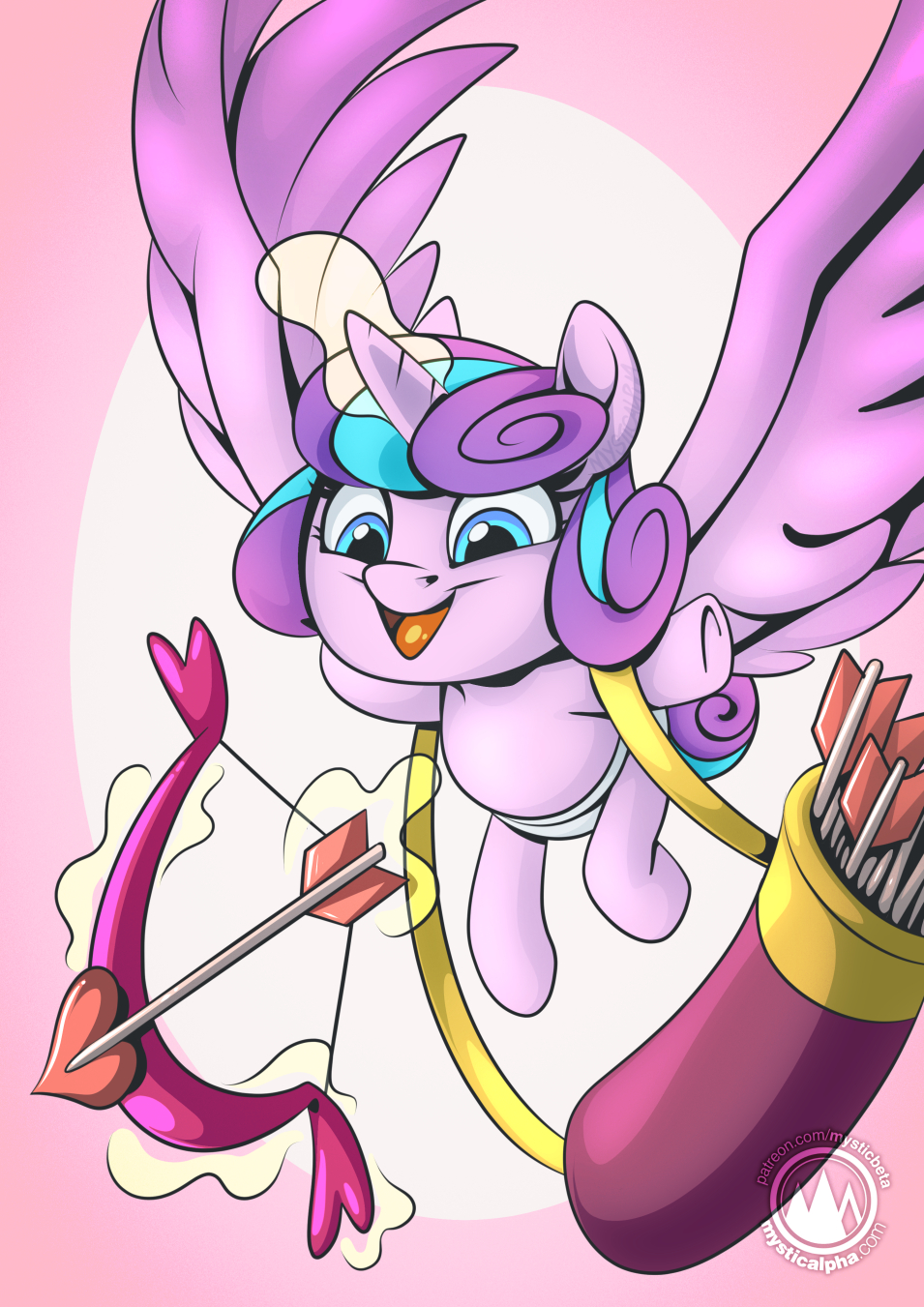 2023 arrow_(weapon) baby blue_eyes blue_hair bow_(weapon) digital_media_(artwork) equid equine eyelashes feathered_wings feathers female feral flurry_heart_(mlp) flying friendship_is_magic hair hasbro hi_res holidays horn magic mammal multicolored_hair my_little_pony mysticalpha open_mouth open_smile pink_body pink_feathers purple_hair ranged_weapon signature smile solo telekinesis two_tone_hair valentine's_day weapon winged_unicorn wings young