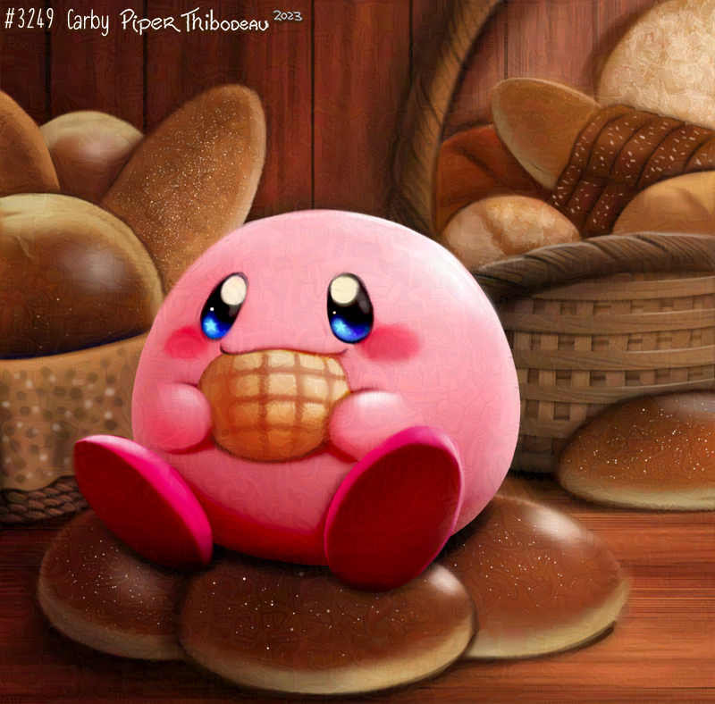 2023 ambiguous_gender basket blue_eyes bread bread_loaf container cryptid-creations detailed_background eating eating_food food glistening glistening_eyes inside kirby kirby_(series) nintendo pink_body sitting solo text waddling_head