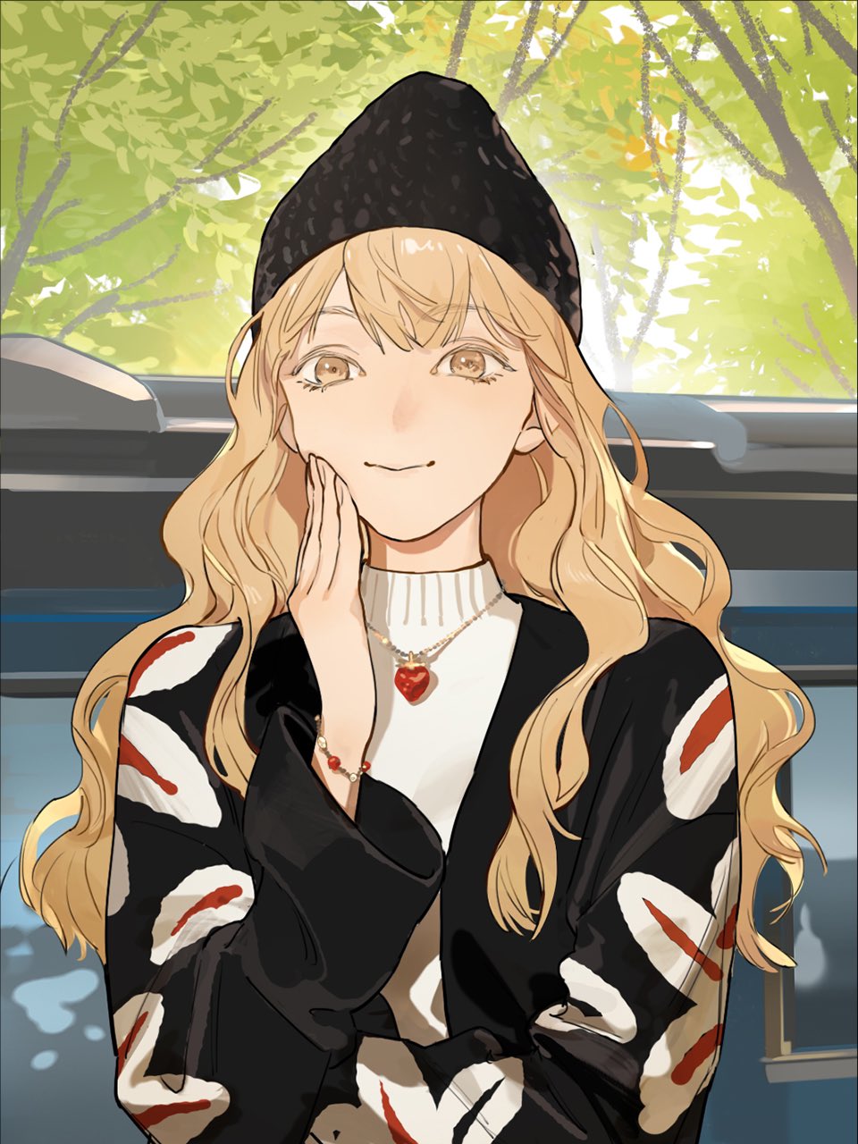 1girl alternate_costume black_headwear black_jacket blonde_hair bracelet car floral_print hat heart heart_necklace highres jacket jewelry long_hair looking_at_viewer motor_vehicle necklace qiu_tong smile sq_(series) sweater tanjiu tree white_sweater woollen_cap yellow_eyes