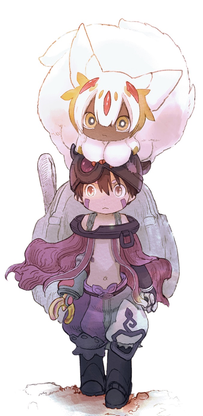 anthro carrying clothing colored duo faputa female forehead_gem hat headgear headwear hi_res humanoid machine made_in_abyss male on_head painting_(artwork) reg_(made_in_abyss) robot robot_humanoid robotic_arm robotic_leg simple_background traditional_media_(artwork) tsukushi_akihito u/_not_aredditor watercolor_(artwork) white_background yellow_eyes