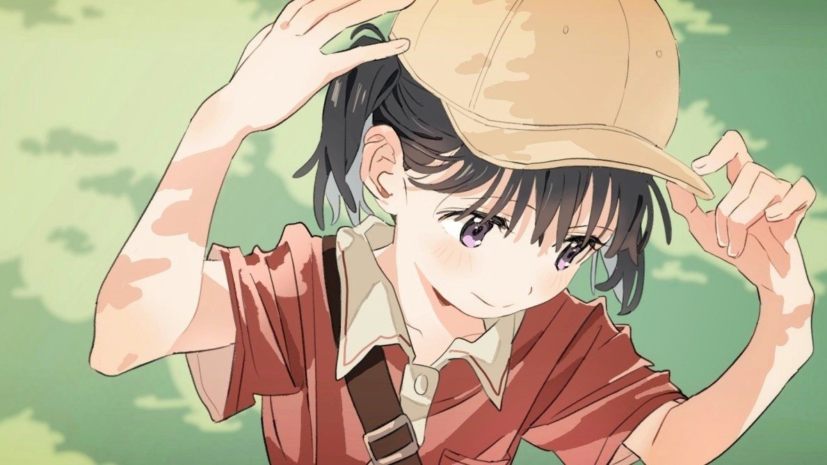 1girl adjusting_clothes adjusting_headwear arms_up baseball_cap black_hair blush breast_pocket closed_mouth dappled_sunlight day flask00 from_above grass hair_behind_ear hat kuraue_hinata looking_ahead orange_headwear outdoors pocket polo_shirt purple_eyes red_shirt shirt short_sleeves short_twintails shoulder_strap smile solo sunlight twintails upper_body yama_no_susume