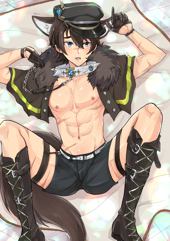 abs accessory animal_humanoid bedding bedding_background blue_eyes boots bottomwear brown_hair canid canid_humanoid canine canine_humanoid clothed clothing collar ears_down facial_scar footwear garter garter_straps garu_(nu:_carnival) glistening glistening_body glistening_skin gloves hair handwear hat headgear headwear hotpants humanoid inner_ear_fluff kotsumodic leash leashed_collar lying male mammal mammal_humanoid navel nipples not_furry nu:_carnival on_back pivoted_ears prick_ears scar shawl shorts solo spiked_collar spikes spread_legs spreading tail tan_body tan_skin tuft wolf_humanoid