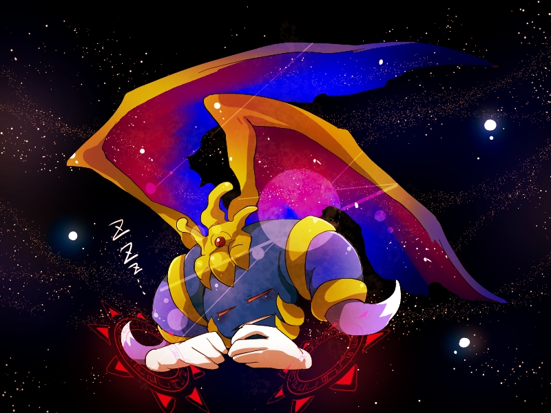 armlet blue_wings closed_eyes commentary_request crown demon_wings disembodied_limb frown gloves kirby_(series) magolor magolor_soul master_crown no_humans open_mouth red_wings shirushiki sleeping solo space star_(sky) teeth two-tone_wings white_gloves wings yellow_headwear zzz