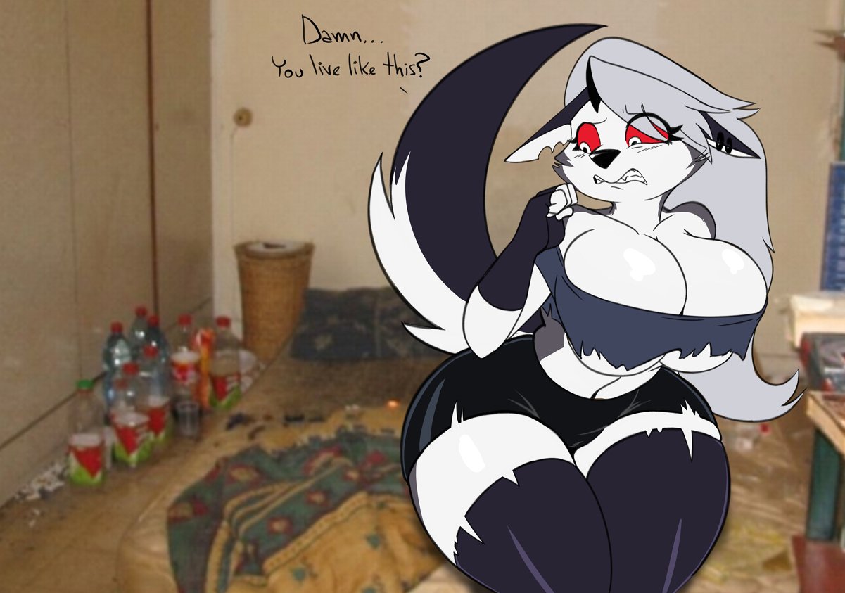 anthro big_breasts biped breasts canid canid_demon clothing demon dialogue eyelashes female hair hair_over_eye hellhound helluva_boss huge_breasts legwear loona_(helluva_boss) mammal one_eye_obstructed pupils red_sclera seii3 solo text thick_thighs thigh_highs wide_hips
