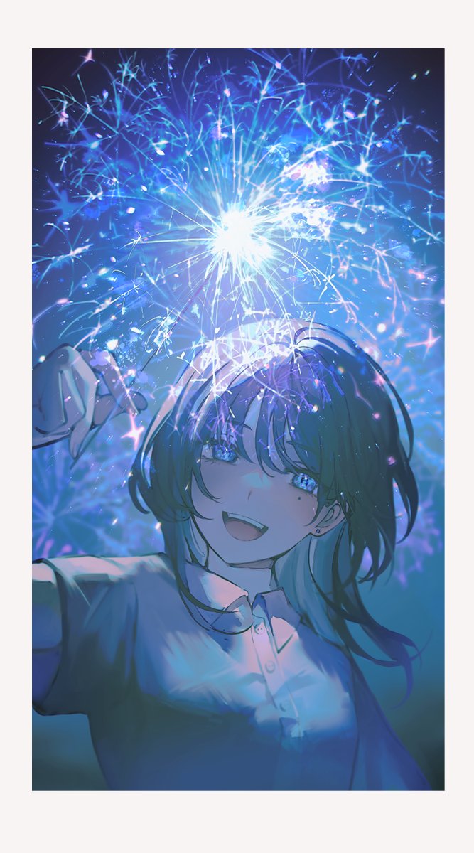 1girl :d achiki blue_eyes blue_shirt blue_theme blush border breasts collared_shirt commentary dress_shirt earrings fireworks hair_between_eyes head_tilt highres holding_fireworks jewelry looking_at_viewer mole mole_under_eye open_mouth original shirt short_hair short_sleeves small_breasts smile solo sparkler stud_earrings symbol-only_commentary teeth upper_body upper_teeth_only white_border