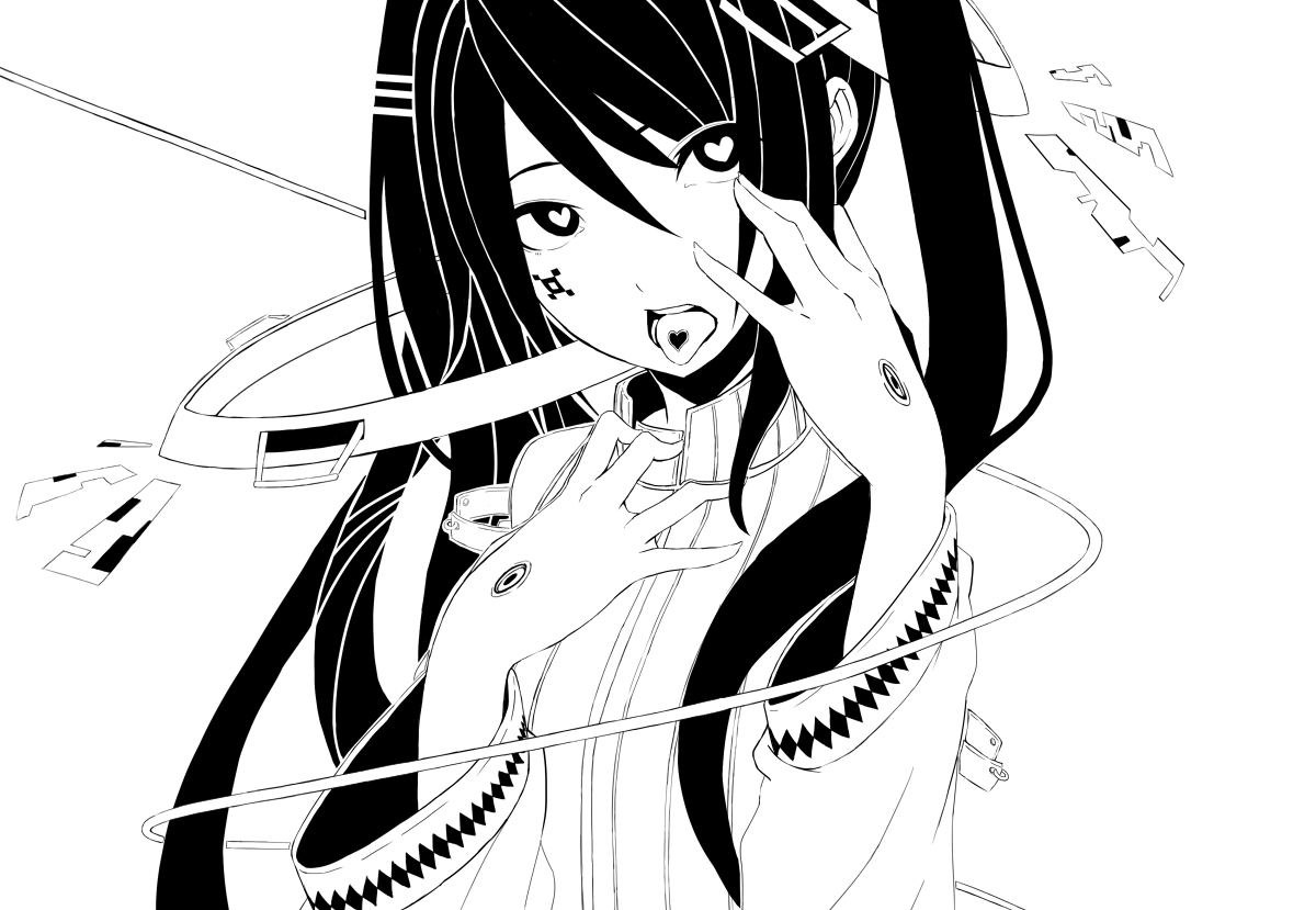 1girl audio_jack bare_shoulders cable clenched_hand detached_sleeves facial_hair greyscale hair_between_eyes hair_ornament hand_on_own_face hatsune_miku hatsune_miku_(append) heart heart-shaped_pupils long_hair looking_at_viewer monochrome open_mouth scar scar_on_hand shirt solo symbol-shaped_pupils tongue tongue_out tongue_tattoo tsunotsuki_(uguisu_maccha) twintails very_long_hair vocaloid vocaloid_append