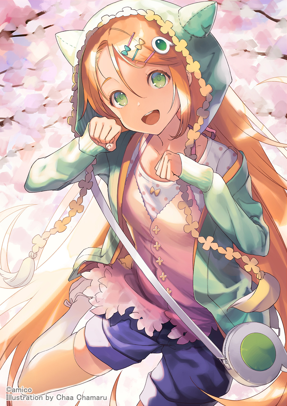 1girl amiami_(company) amico animal_hood bag blue_shorts cherry_blossoms feet_out_of_frame green_eyes green_hoodie hair_ornament hairclip handbag highres hood hood_up hoodie long_hair looking_at_viewer official_art open_mouth orange_hair outdoors shirt shoes shorts smile solo very_long_hair white_shirt yumekui