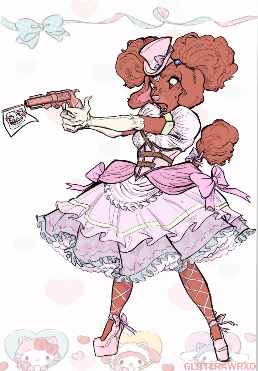 2021 anthro artfight blush canid canine canis clothing domestic_dog female footwear glitterawrxd gun hi_res high_heels lace lolita_(fashion) mammal meme poodle ranged_weapon ribbons sanrio shocked_expression silk solo steampunk trollface weapon